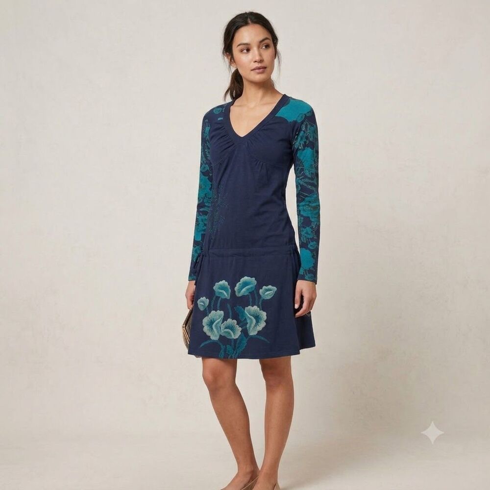 Desigual Y2k Drop Waist Dragon Mini Dress Long Sleeves Embroidery V-Neck